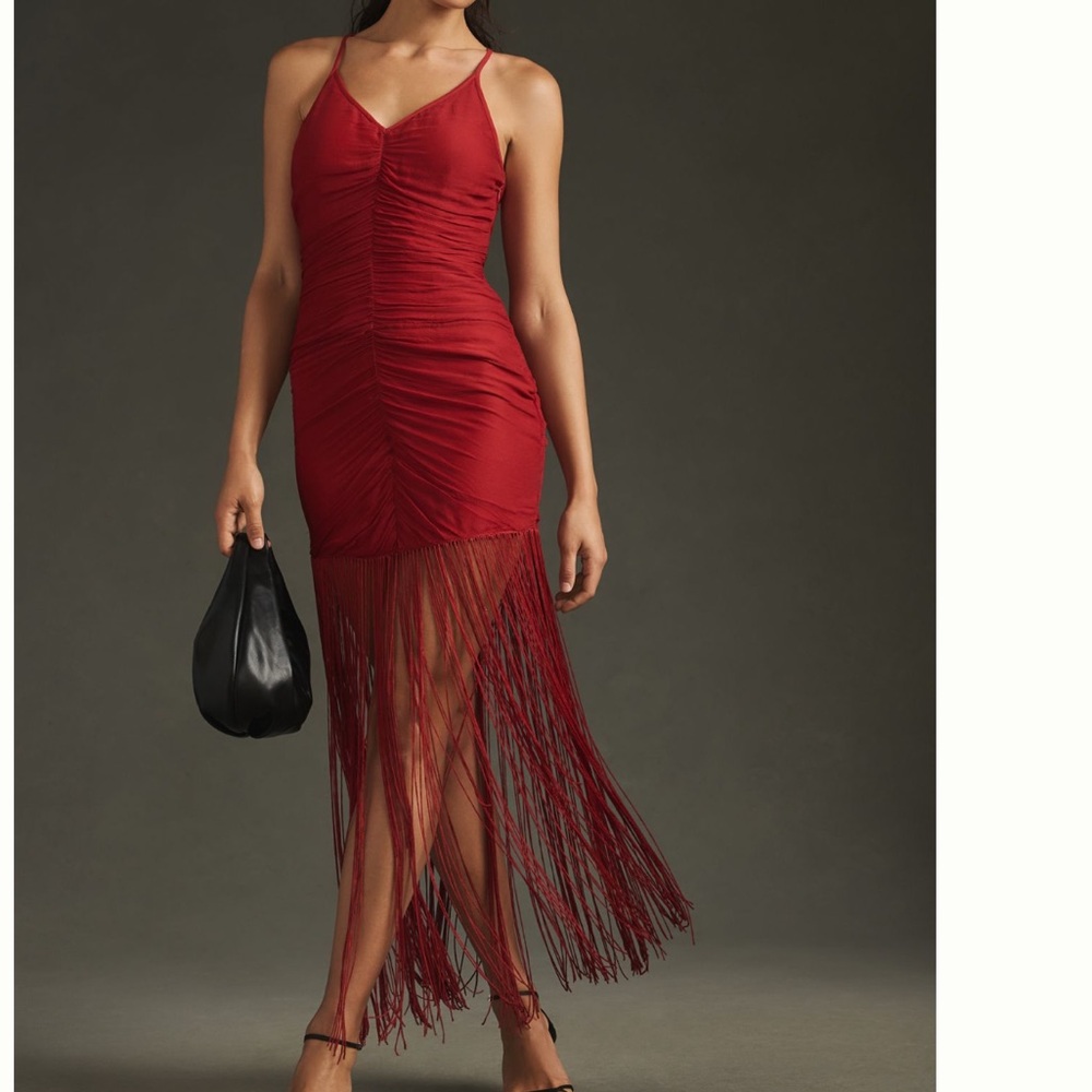 Anthropologie Vineet Bahl Red Wine Elegant Red Fringe Midi Dress